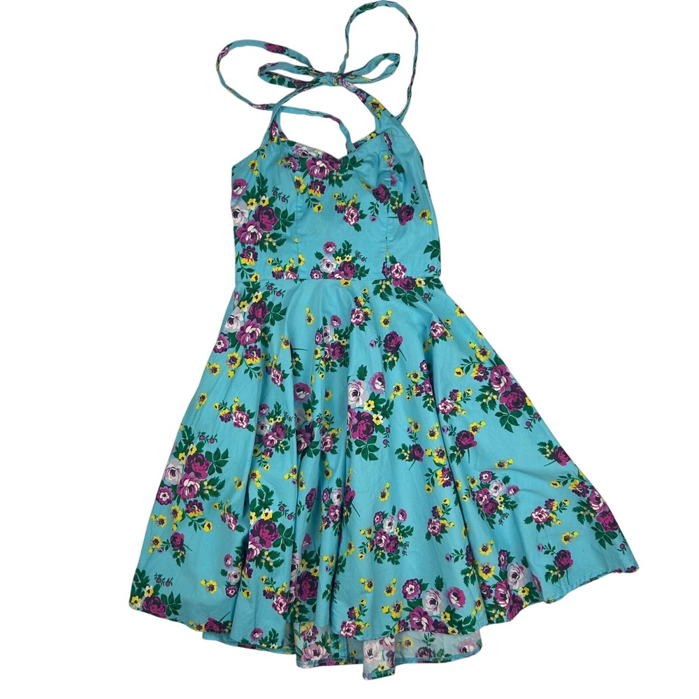 Hell Bunny Vixen Floral Halter Dress Blue Purple Rose Rockabilly Pinup Small